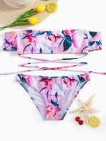 Wholesale Off The Shoulder Short Sleeve Floral Print 2 Piece Bikinis
