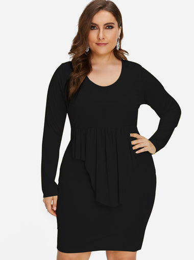 Wholesale Round Neck Plain Long Sleeve Ruffle Hem Black Plus Size Dress