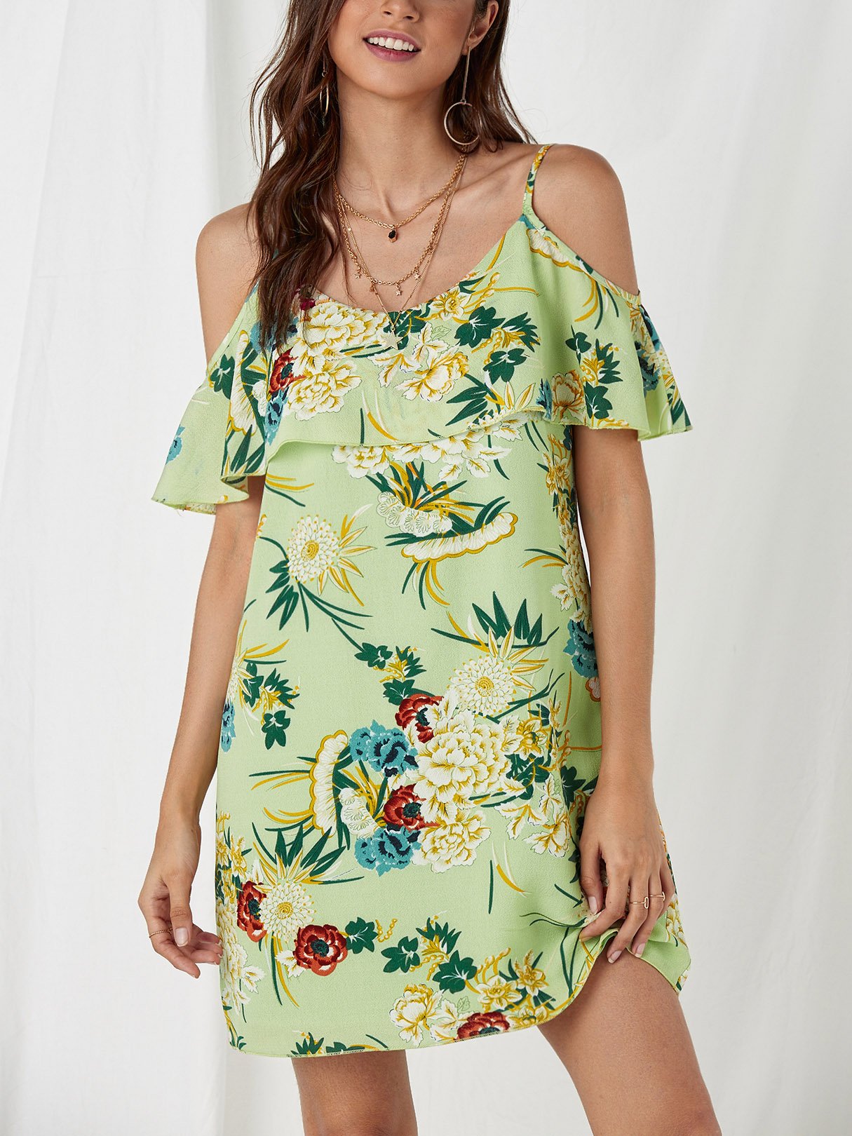 Wholesale Green Cold Shoulder Sleeveless Floral Print Spaghetti Strap Dresses
