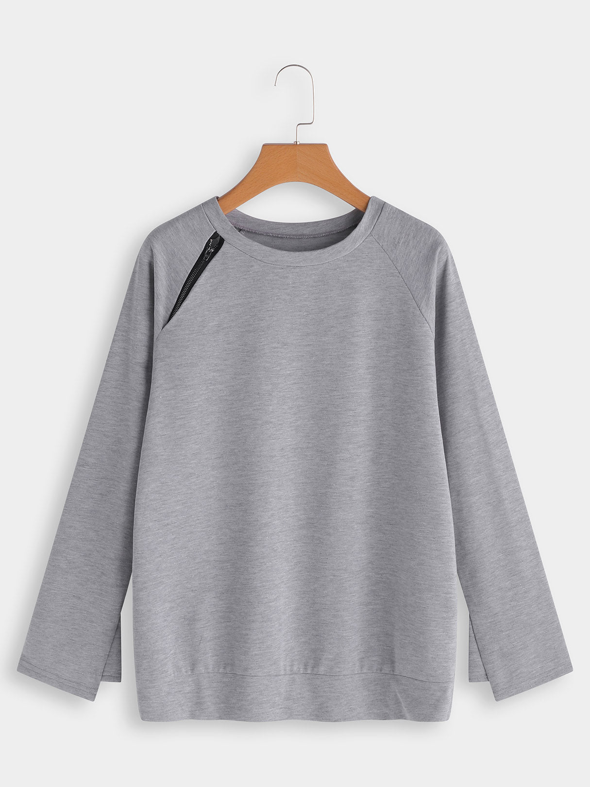 Wholesale Crew Neck Plain Zip Back Long Sleeve Grey T-Shirts