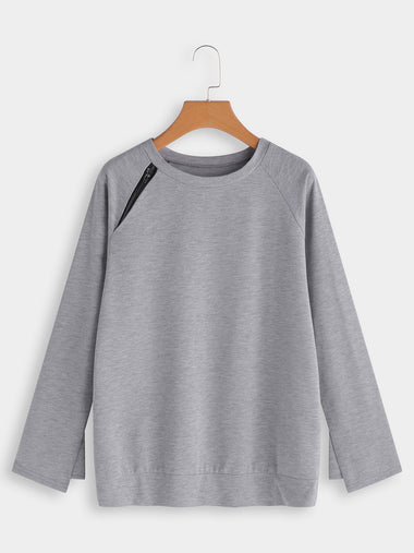 Wholesale Crew Neck Plain Zip Back Long Sleeve Grey T-Shirts