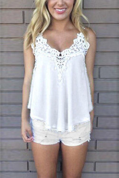 Wholesale V-Neck Crochet Lace Embellished Sleeveless White Camis