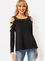 Wholesale Crew Neck Cold Shoulder Plain Lace Lace-Up Long Sleeve Slit Hem Black T-Shirts