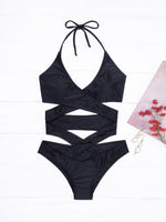 Wholesale Black Halter V-Neck Sleeveless Crossed Front Lace-Up Wireless One-Pieces