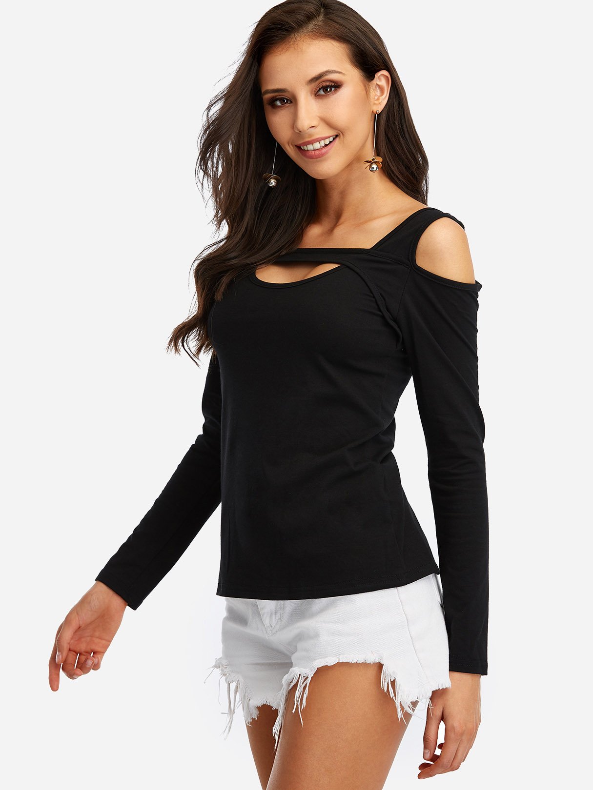 Wholesale Cold Shoulder Long Sleeve Black T-Shirts