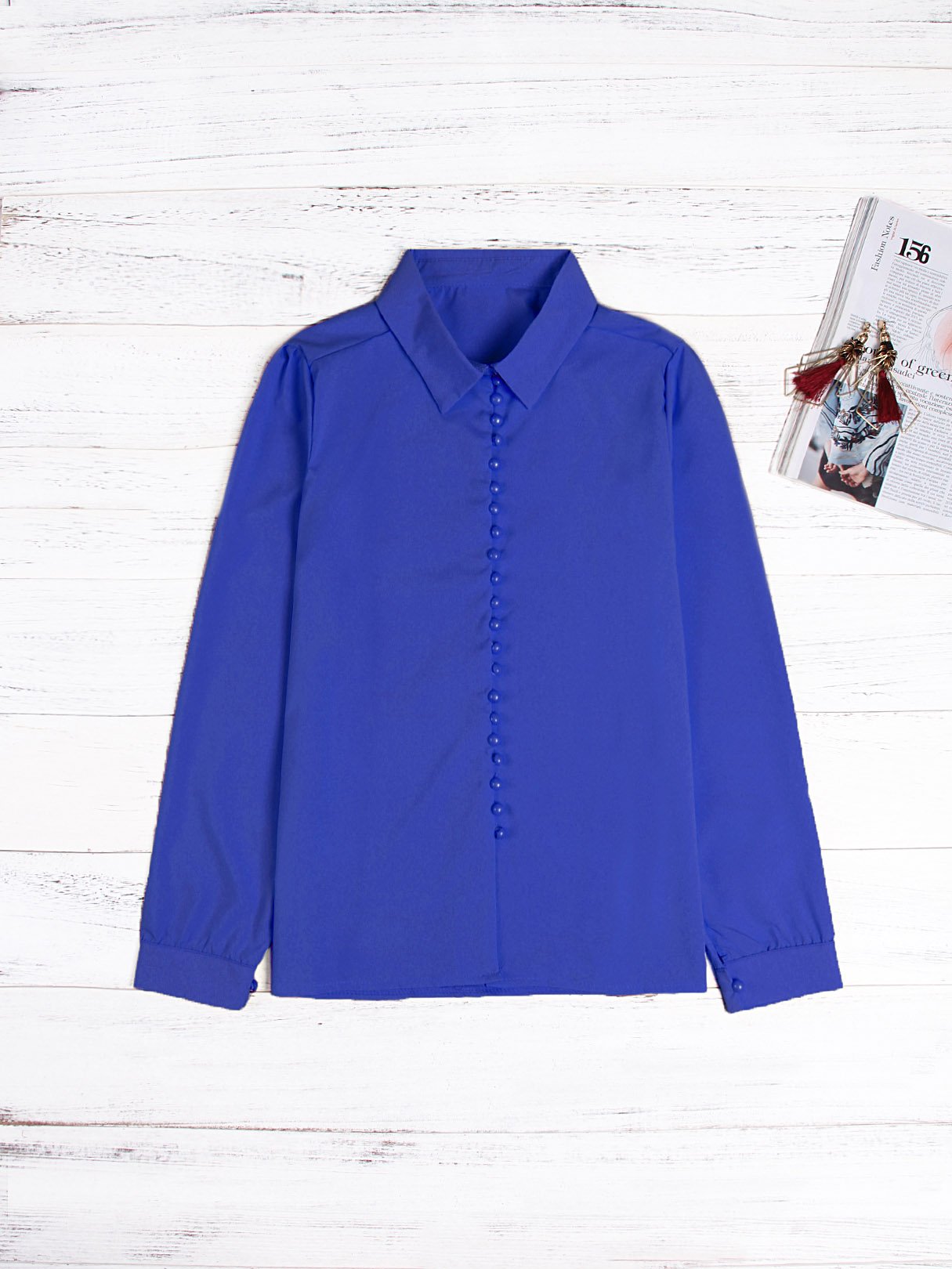Wholesale Lapel Collar Long Sleeve Blue Blouses