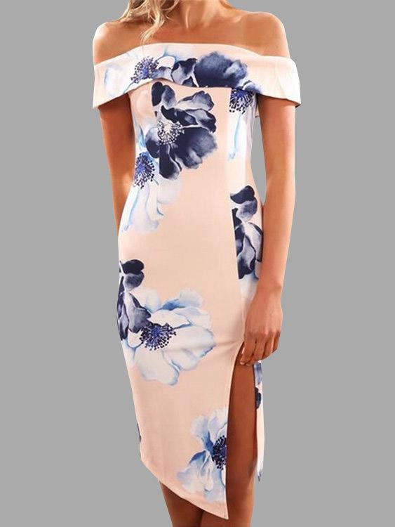 Wholesale Pink Off The Shoulder Short Sleeve Floral Print Zip Back Slit Hem Dresses
