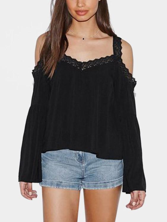 Wholesale Cold Shoulder Lace Long Sleeve Black Top