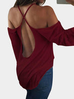 Wholesale Scoop Neck Cold Shoulder Plain Backless Hollow Cut Out Long Sleeve Curved Hem T-Shirts