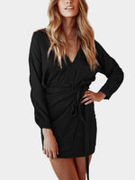 Wholesale Black Self-Tie V-Neck Long Sleeve Mini Dress