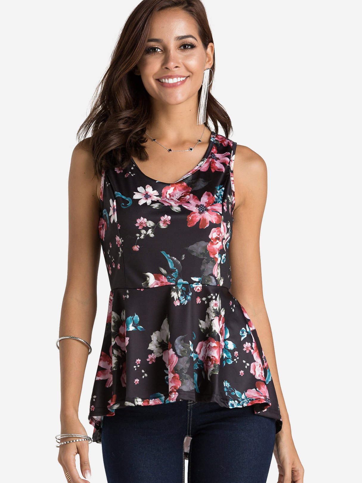 Wholesale Round Neck Floral Print Sleeveless Flounced Hem Black Tank Top