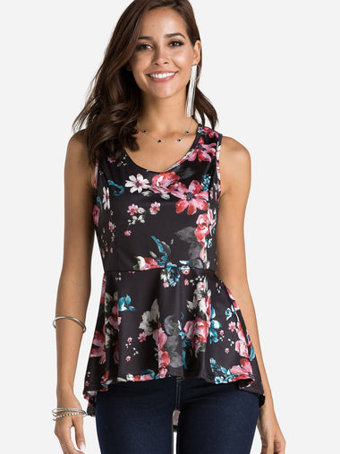 Wholesale Round Neck Floral Print Sleeveless Flounced Hem Black Tank Top