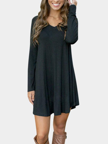 Wholesale Black V-Neck Long Sleeve Plain Fashion Mini Dress