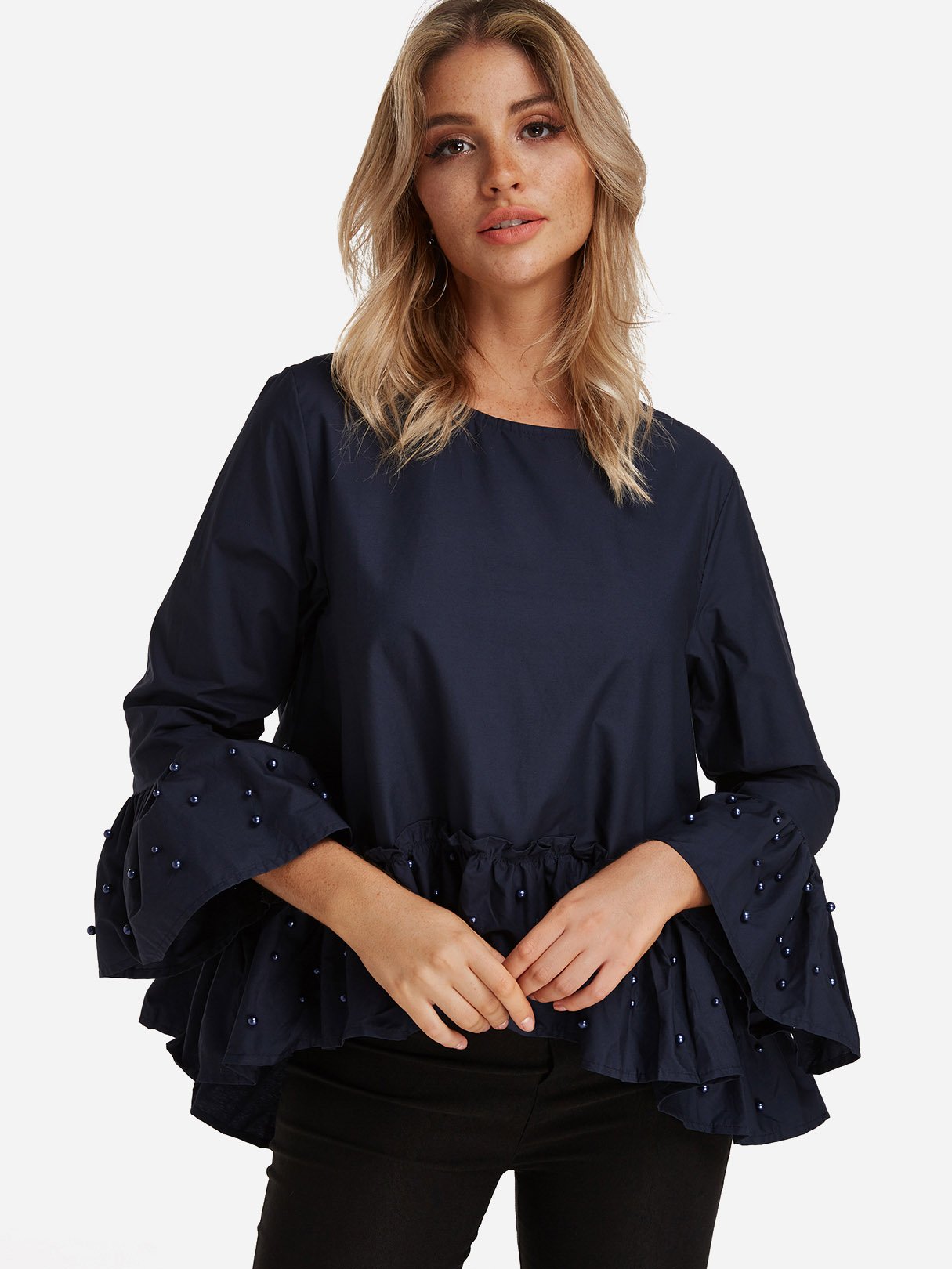 Wholesale Round Neck Long Sleeve Irregular Hem Navy Blouses