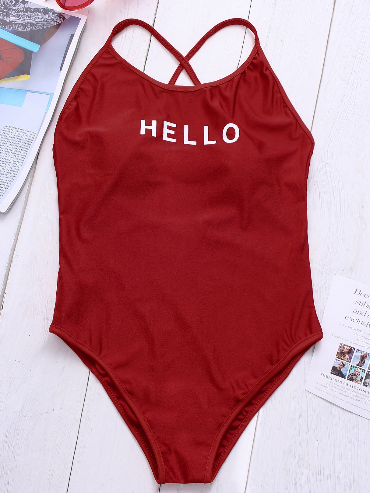 Wholesale Red V-Neck Sleeveless Letter Backless One-Pieces Swimsuits