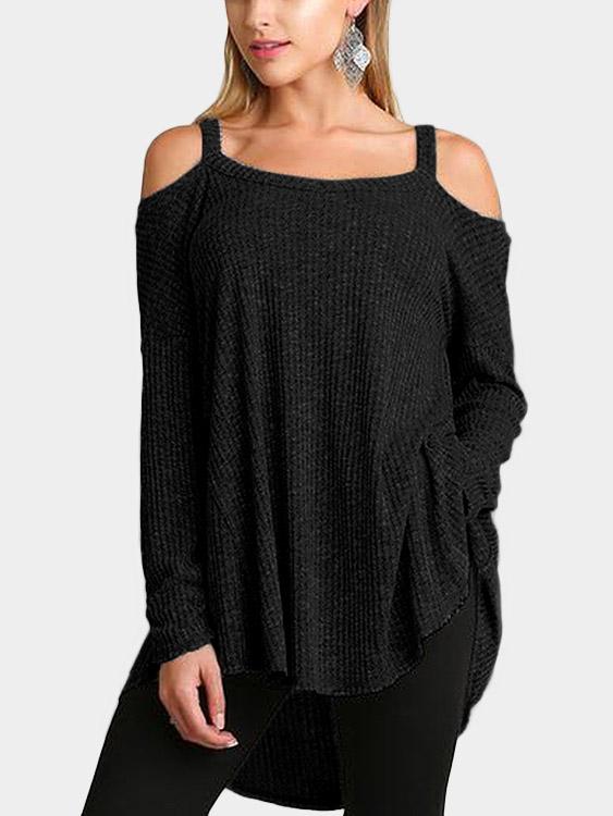 Wholesale Cold Shoulder Plain Cable Knit Long Sleeve Irregular Hem Black Top