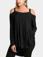 Wholesale Cold Shoulder Plain Cable Knit Long Sleeve Irregular Hem Black Top