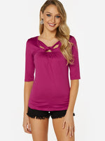 Wholesale Crossed Collar Plain Pleated Half Sleeve Rose T-Shirts