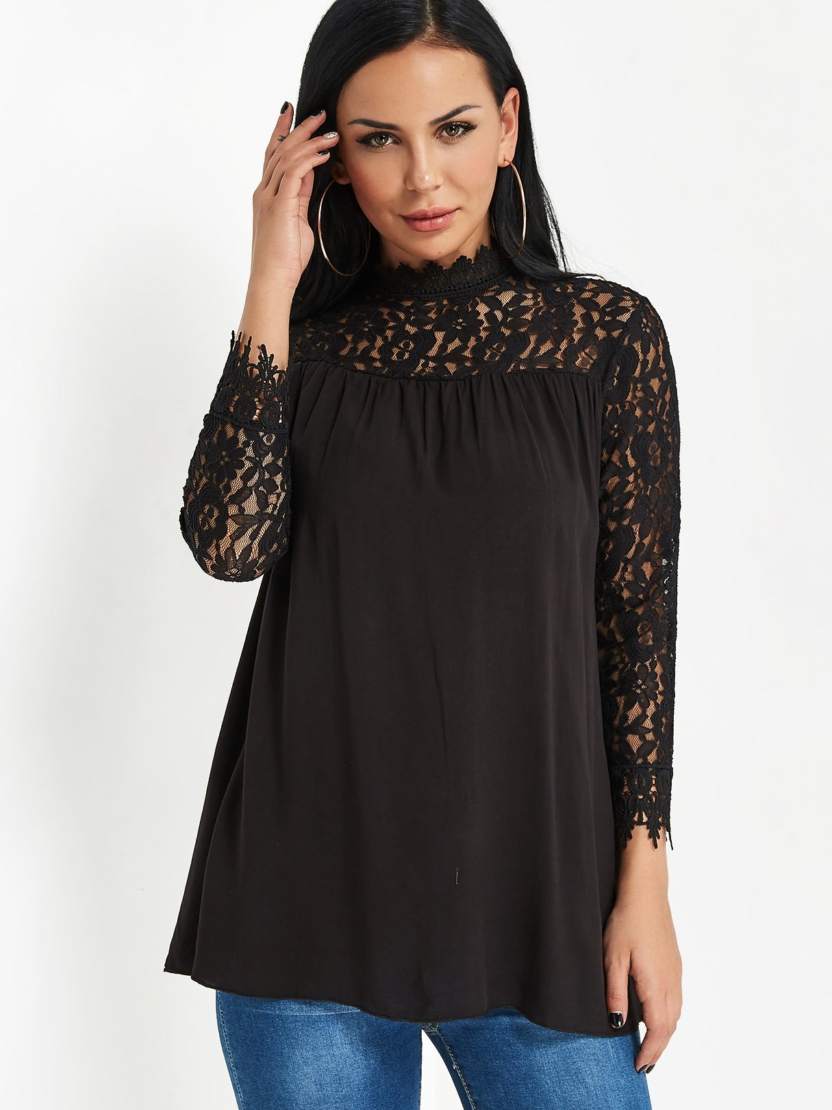 Wholesale Plain Lace Long Sleeve Black Blouses