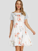 Wholesale White Round Neck Short Sleeve Stripe Floral Print Dresses