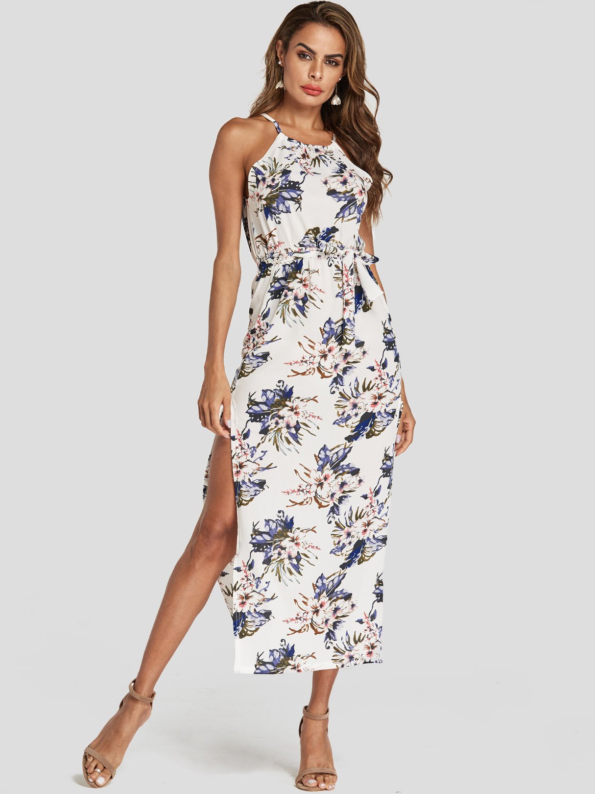 Wholesale White Halter Sleeveless Floral Print Slit Hem Dresses