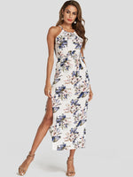 Wholesale White Halter Sleeveless Floral Print Slit Hem Dresses