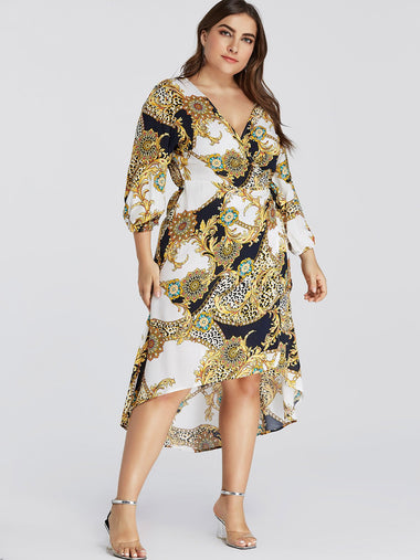 Wholesale V-Neck Scarf Print Self-Tie Wrap 3/4 Sleeve High-Low Hem Plus Size Dress