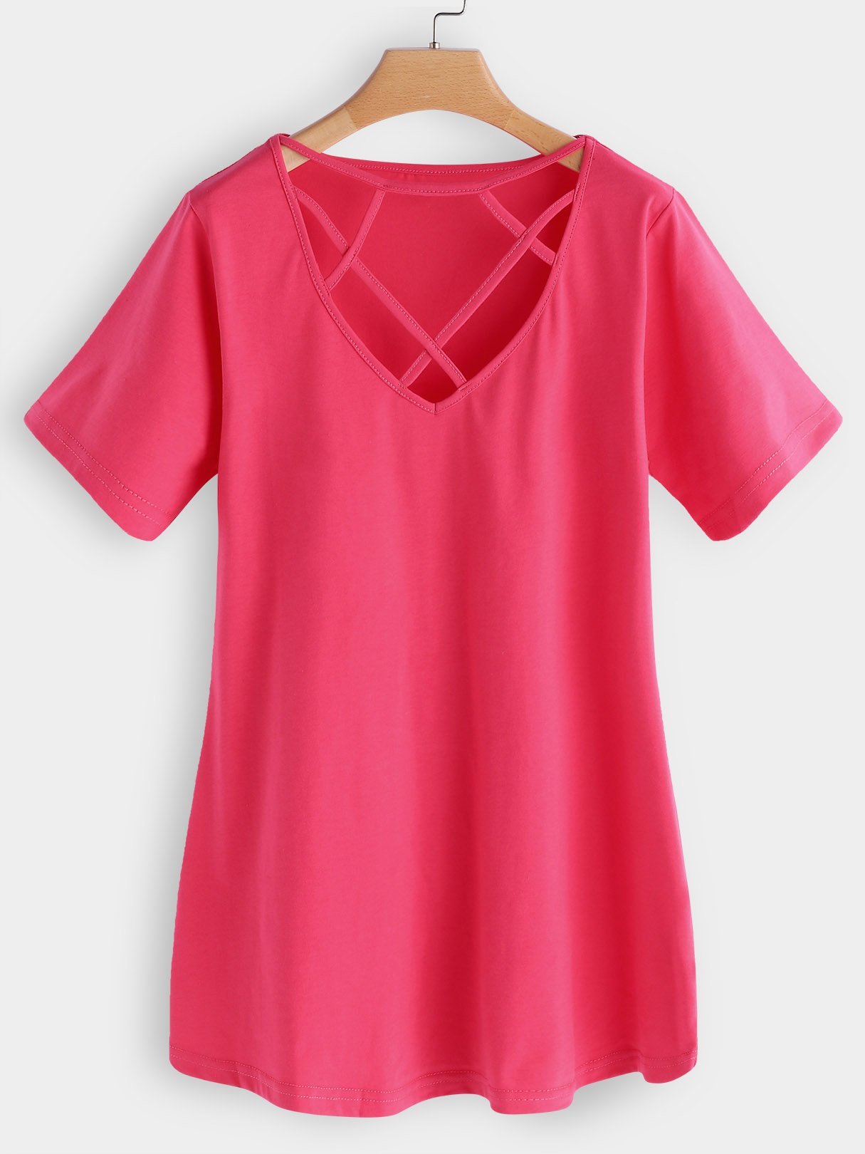 Wholesale V-Neck Plain Crossed Front Hollow Lace-Up Cut Out Short Sleeve Pink T-Shirts