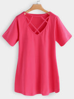 Wholesale V-Neck Plain Crossed Front Hollow Lace-Up Cut Out Short Sleeve Pink T-Shirts