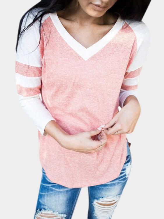 Wholesale V-Neck Long Sleeve Curved Hem T-Shirts