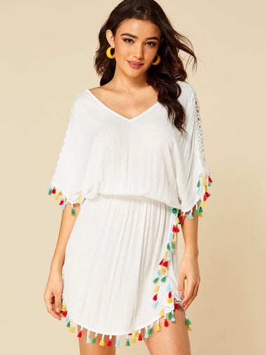 Wholesale White V-Neck Hollow Pom Pom Hem Dresses