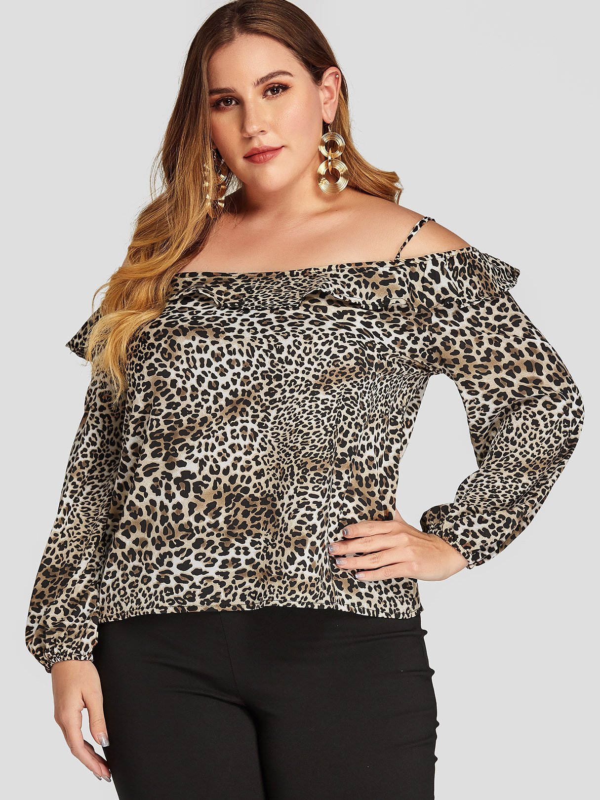 Wholesale Cold Shoulder Leopard Ruffle Trim Long Sleeve Black Plus Size Tops