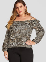 Wholesale Cold Shoulder Leopard Ruffle Trim Long Sleeve Black Plus Size Tops
