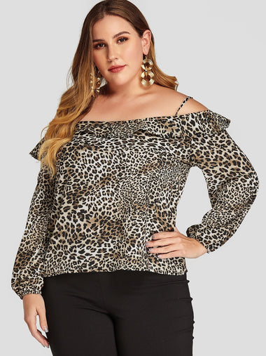 Wholesale Cold Shoulder Leopard Ruffle Trim Long Sleeve Black Plus Size Tops