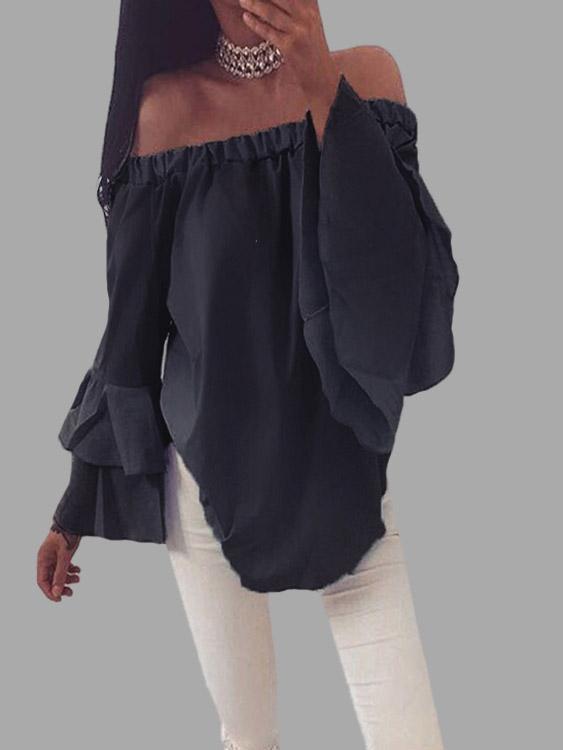 Wholesale Off The Shoulder Long Sleeve Curved Hem Black Top
