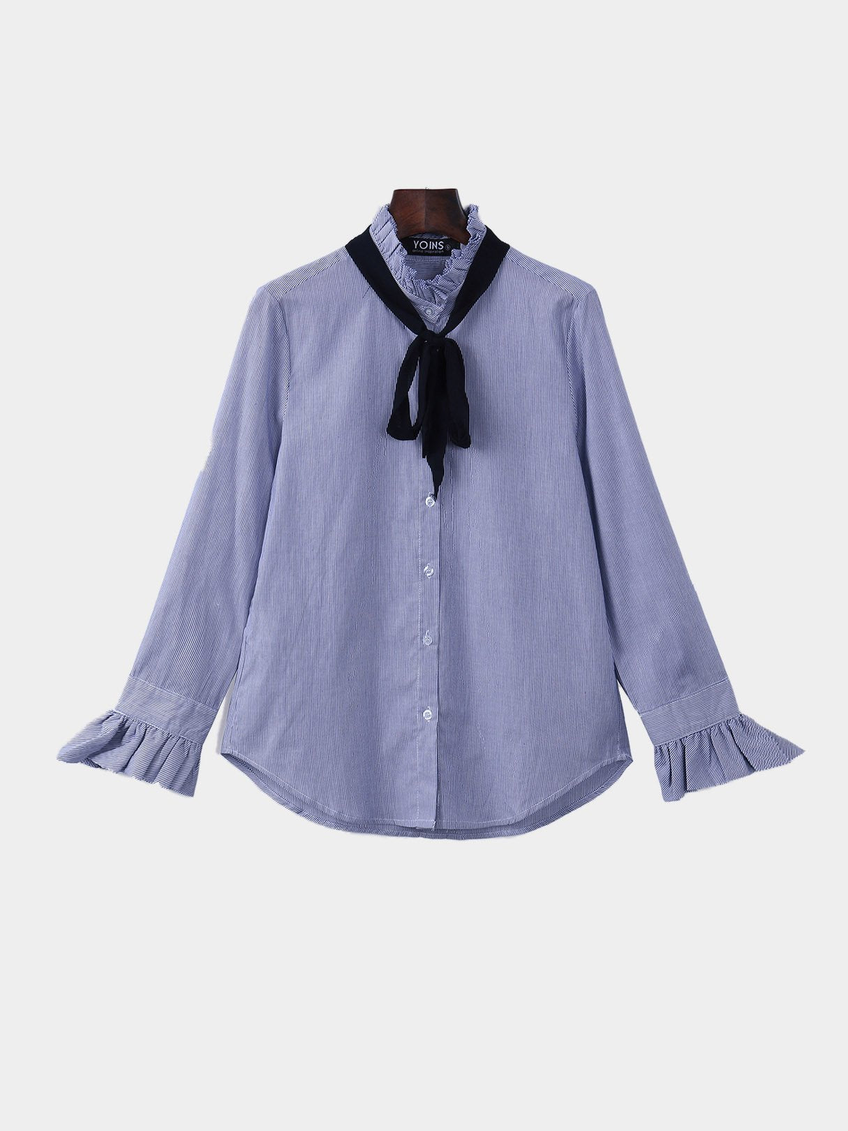 Wholesale Stripe Pattern Button Closure Pleats Neck Shirt