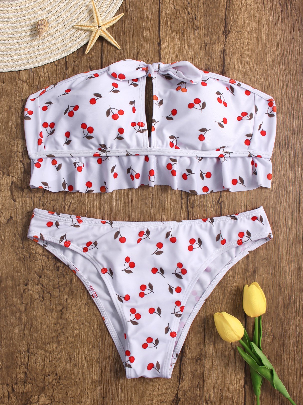 Wholesale White Strapless Off The Shoulder Sleeveless Printed Tie-Up Ruffle Hem Bikinis
