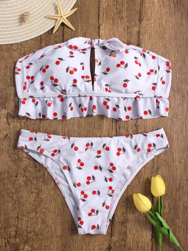 Wholesale White Strapless Off The Shoulder Sleeveless Printed Tie-Up Ruffle Hem Bikinis