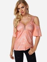 Wholesale V-Neck Cold Shoulder Plain Lace Hollow Cut Out Pleated Half Sleeve Pink T-Shirts
