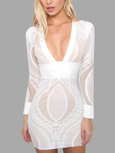 Wholesale White Deep V Neck Long Sleeve Sheer Lace Zip Back Hollow Dress