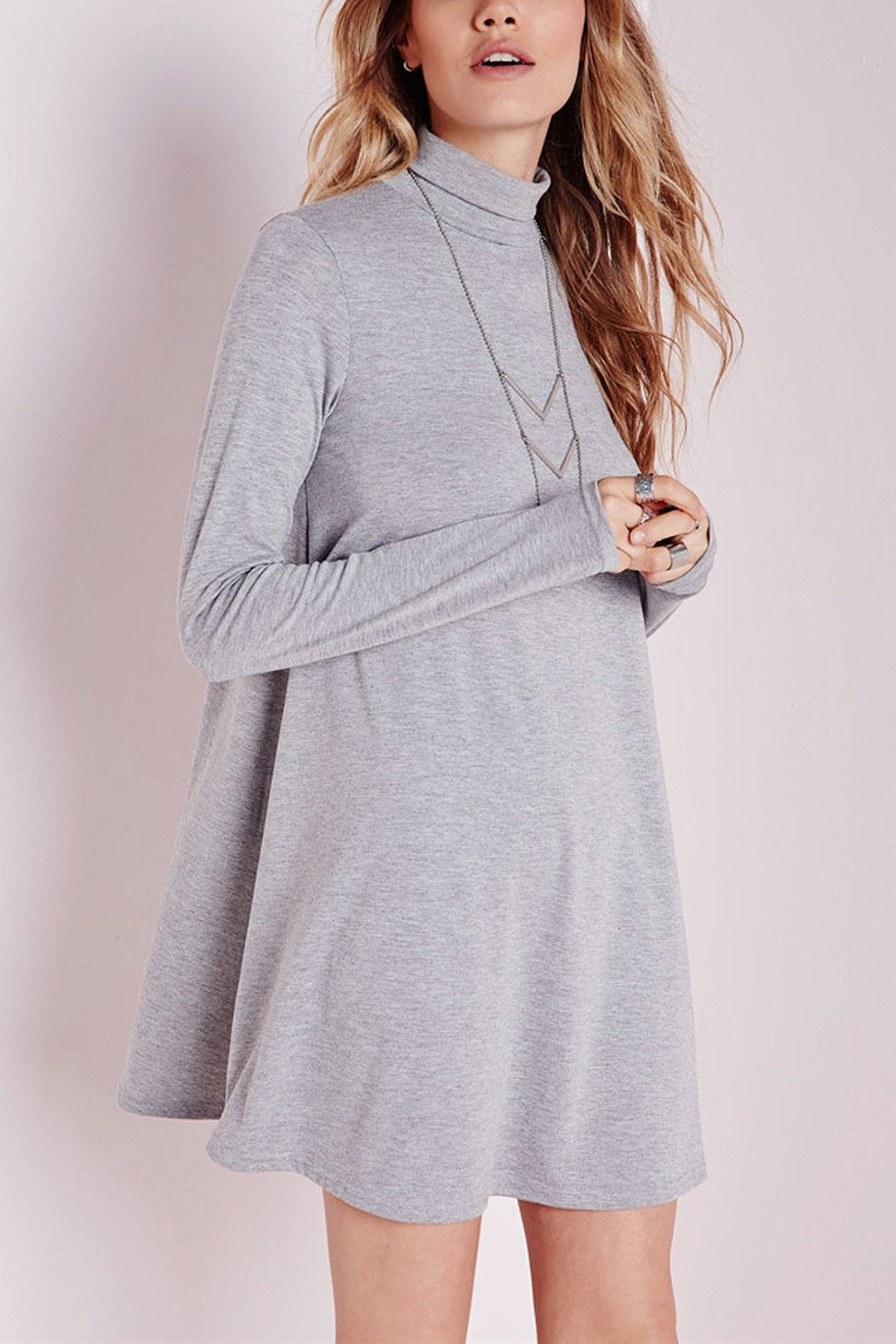 Wholesale Grey Roll Neck Long Sleeve Casual Dress