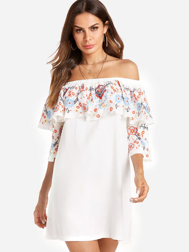 Wholesale White Off The Shoulder 3/4 Sleeve Length Floral Print Mini Dress