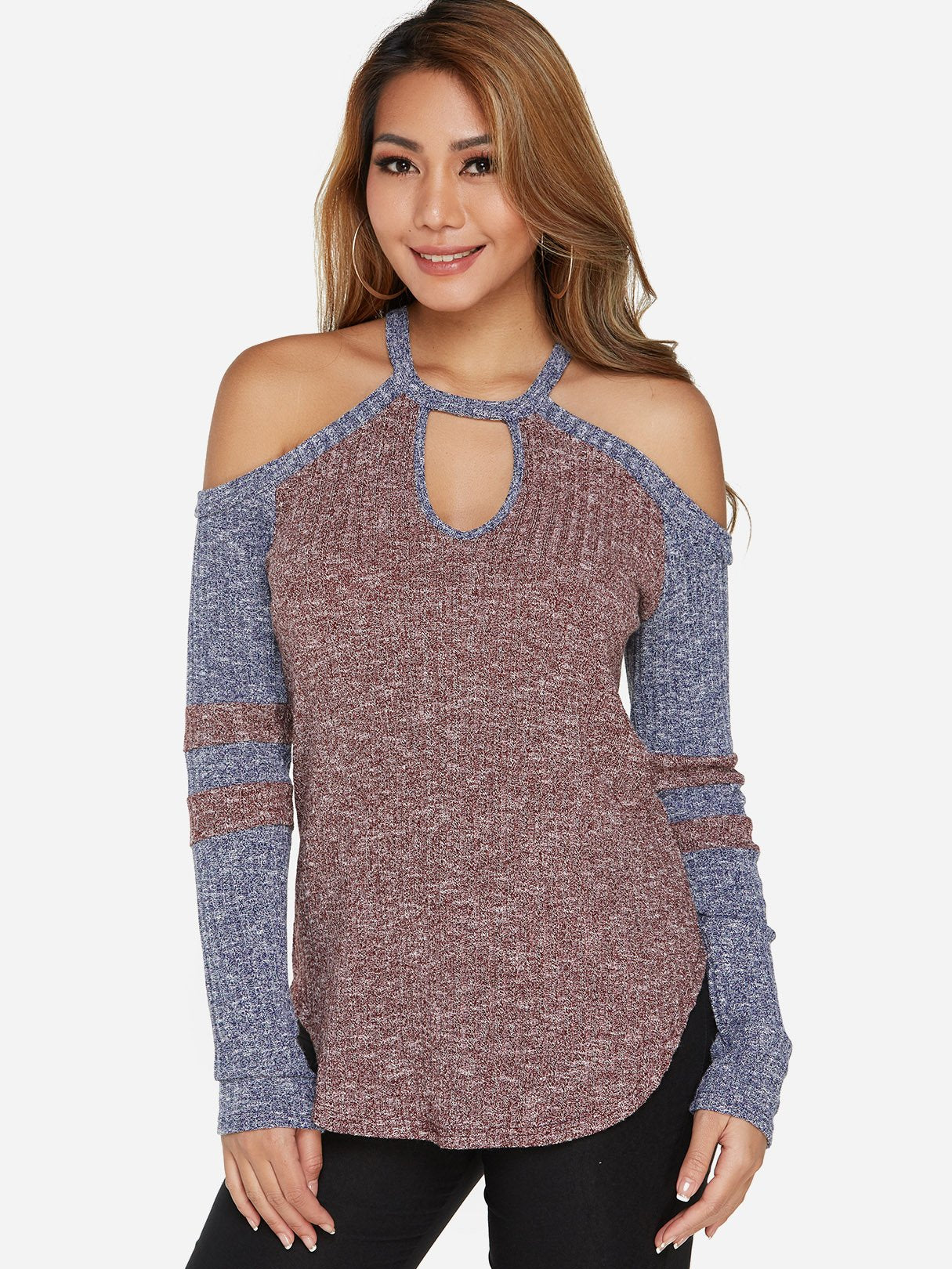 Wholesale Cold Shoulder Stripe Cut Out Long Sleeve T-Shirts