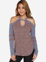Wholesale Cold Shoulder Stripe Cut Out Long Sleeve T-Shirts