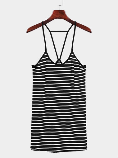Wholesale V-Neck Sleeveless Stripe Backless Mini Dress