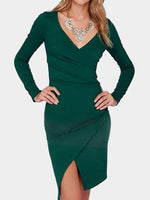 Wholesale V-Neck Wrap Long Sleeve Irregular Slit Hem Green Dresses
