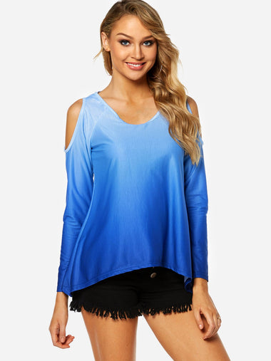 Wholesale Cold Shoulder Cut Out Long Sleeve Irregular Hem Blue Blouses