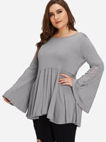 Wholesale Round Neck Plain Lace Pleated Self-Tie Long Sleeve Grey Plus Size Tops