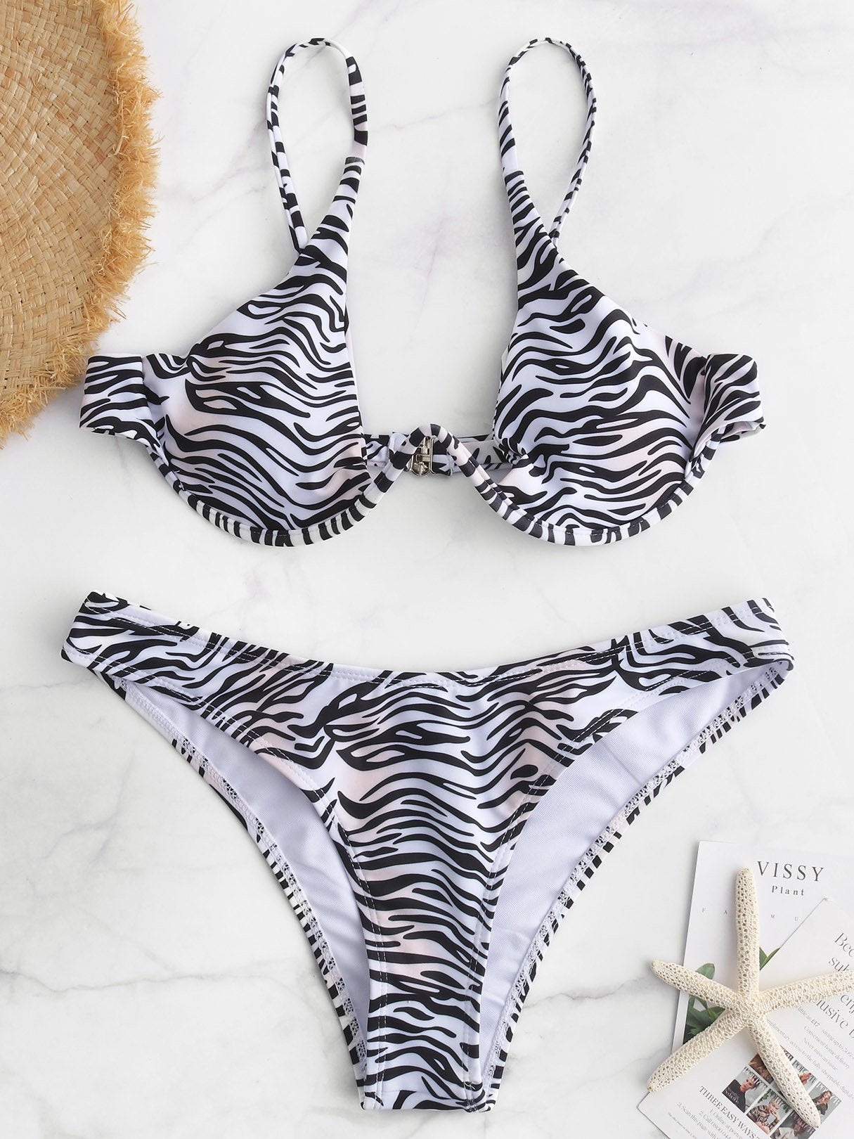 Wholesale V-Neck Sleeveless Zebra Backless Bikini Set Swimwear