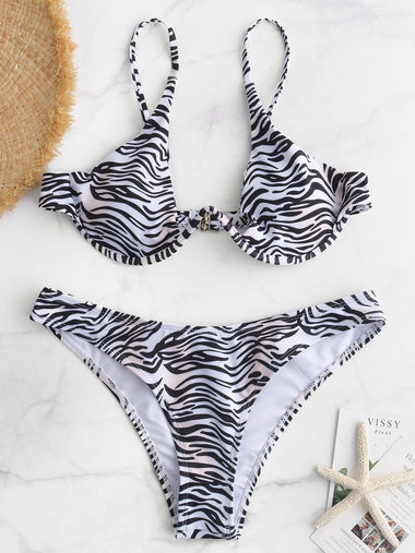 Wholesale V-Neck Sleeveless Zebra Backless Bikini Set Swimwear